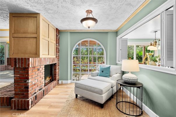 Fireplace, Interior, Pendant Lights, Wood Texture Flooring