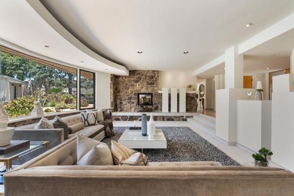 Fireplace, Interior, Living room, Recessed Lighting, Stone Walls
