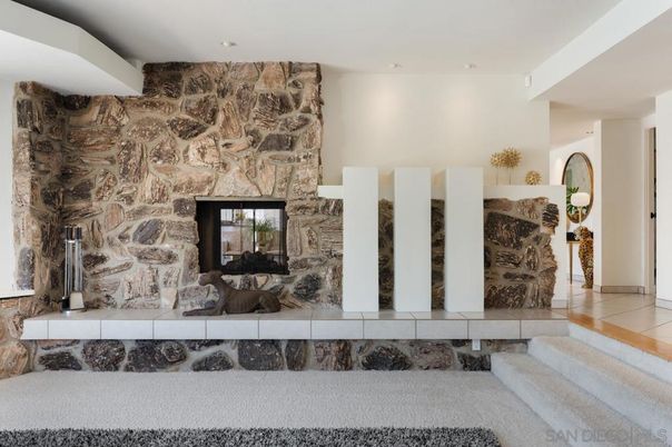 Fireplace, Interior, Recessed Lighting, Stone Walls