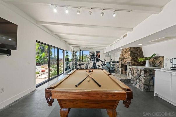 Billiard Table, Fireplace, Fitness Equipment, Game Room, Interior, Stone Walls