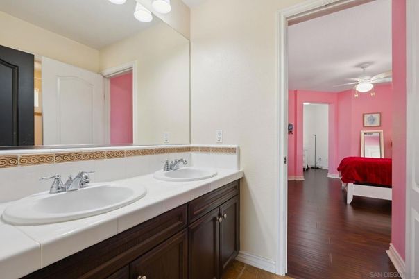 Bathroom, Bedroom, Dual Sink Vanities, Interior, Tile Countertops, Wood Texture Flooring