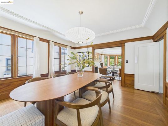 Dining room, Interior, Pendant Lights, Wood Texture Flooring