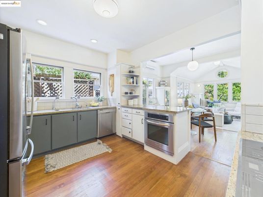Dining room, Interior, Kitchen, Living room, Pendant Lights, Recessed Lighting, Stainless Steel Appliances, Wood Texture Flooring