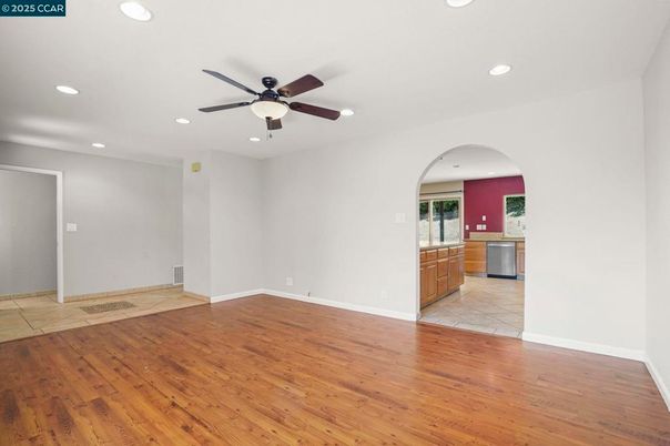 Empty room, Interior, Kitchen, Recessed Lighting, Wood Texture Flooring