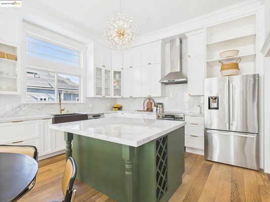 Chandelier, Interior, Kitchen, Pendant Lights, Stainless Steel Appliances, Wood Texture Flooring