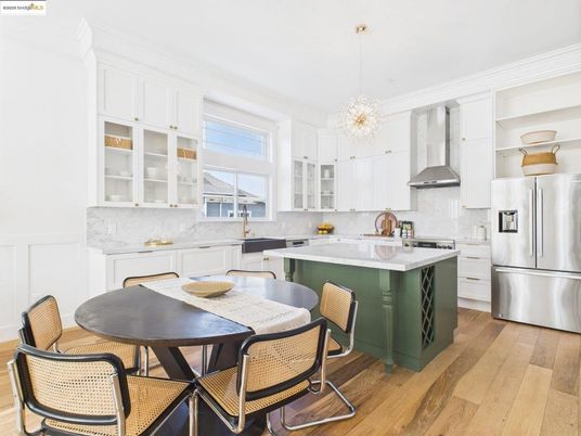 Chandelier, Dining room, Interior, Kitchen, Pendant Lights, Stainless Steel Appliances, Wood Texture Flooring