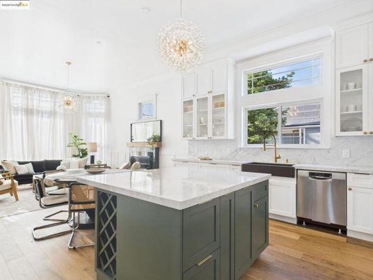 Chandelier, Interior, Kitchen, Pendant Lights, Stainless Steel Appliances, Wood Texture Flooring