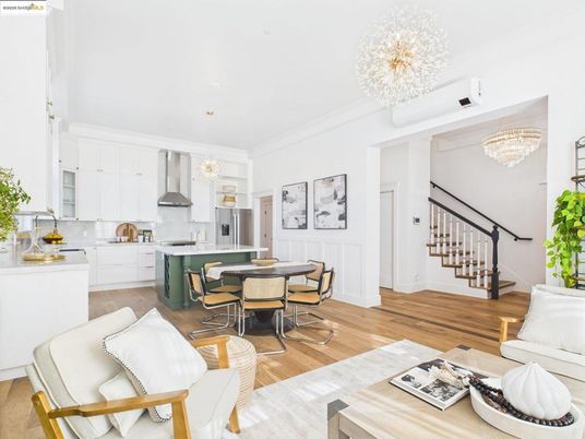 Chandelier, Dining room, Interior, Kitchen, Living room, Recessed Lighting, Stainless Steel Appliances, Wood Texture Flooring
