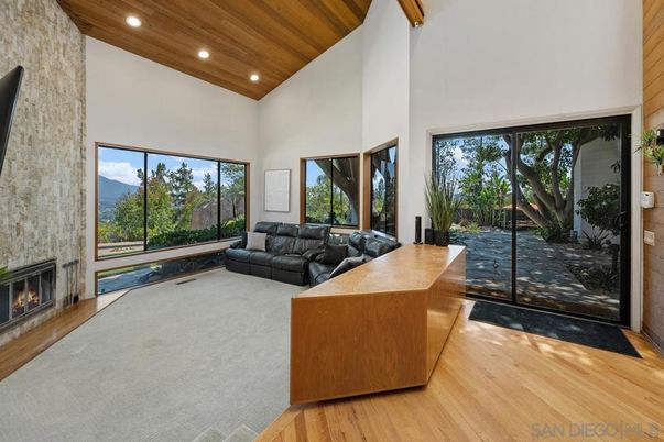 Fireplace, Interior, Living room, Recessed Lighting, Wooden Ceilings, Wood Texture Flooring