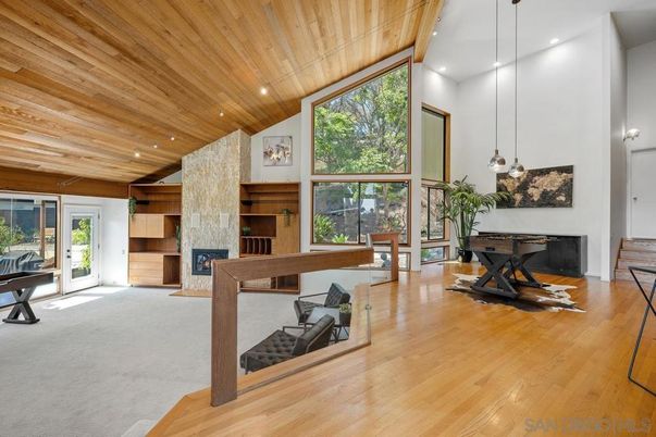Fireplace, Interior, Pendant Lights, Recessed Lighting, Wooden Ceilings, Wood Texture Flooring