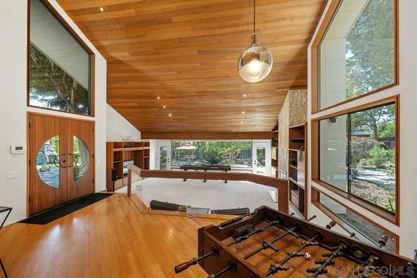 Game Room, Interior, Pendant Lights, Recessed Lighting, Wooden Ceilings, Wood Texture Flooring