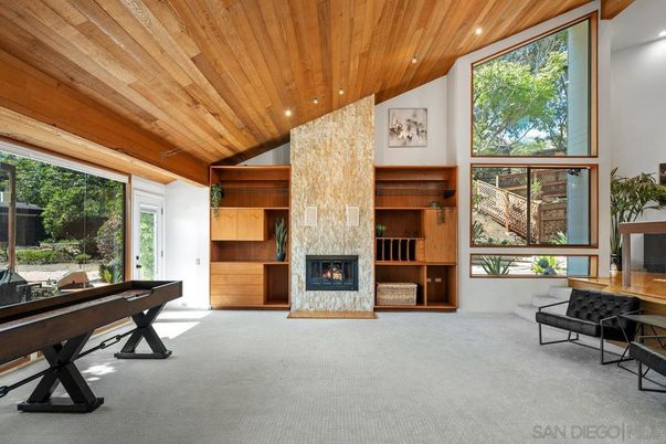 Fireplace, Game Room, Interior, Recessed Lighting, Wooden Ceilings, Wooden Walls