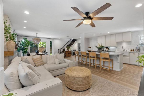 Dining room, Interior, Kitchen, Living room, Pendant Lights, Recessed Lighting, Stainless Steel Appliances, Wood Texture Flooring