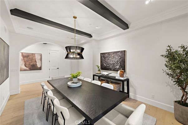 Dining room, Interior, Pendant Lights, Recessed Lighting, Wood Texture Flooring