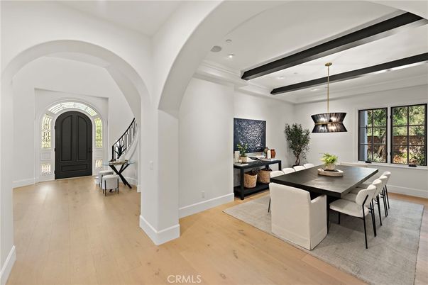 Dining room, Interior, Pendant Lights, Recessed Lighting, Wooden Beams, Wood Texture Flooring