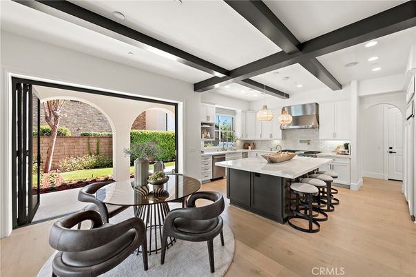 Dining room, Interior, Kitchen, Pendant Lights, Recessed Lighting, Stainless Steel Appliances, Wooden Beams, Wood Texture Flooring