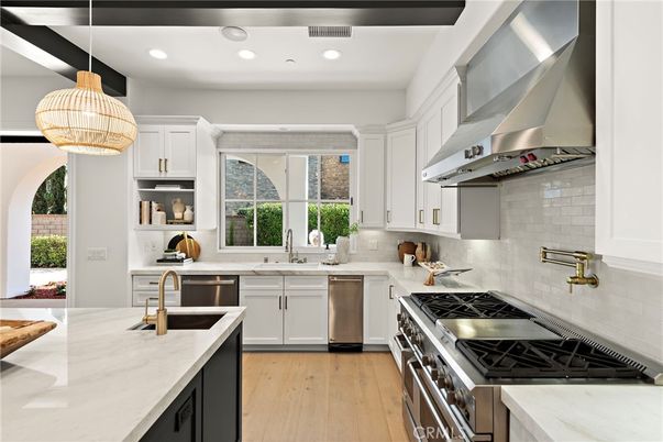 Interior, Kitchen, Pendant Lights, Recessed Lighting, Stainless Steel Appliances, Wood Texture Flooring