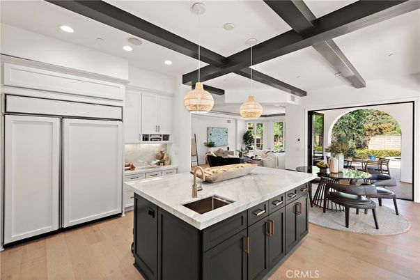 Interior, Kitchen, Pendant Lights, Recessed Lighting, Wooden Beams, Wood Texture Flooring