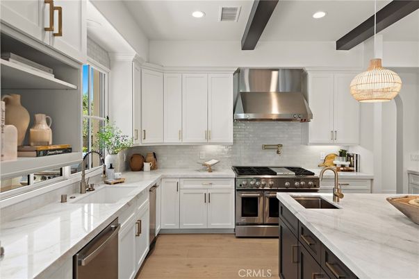 Interior, Kitchen, Recessed Lighting, Stainless Steel Appliances, Wooden Beams, Wood Texture Flooring