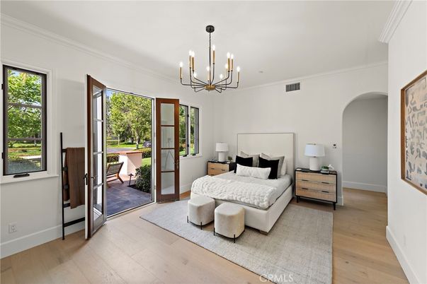 Bedroom, Chandelier, Interior, Pendant Lights, Wood Texture Flooring