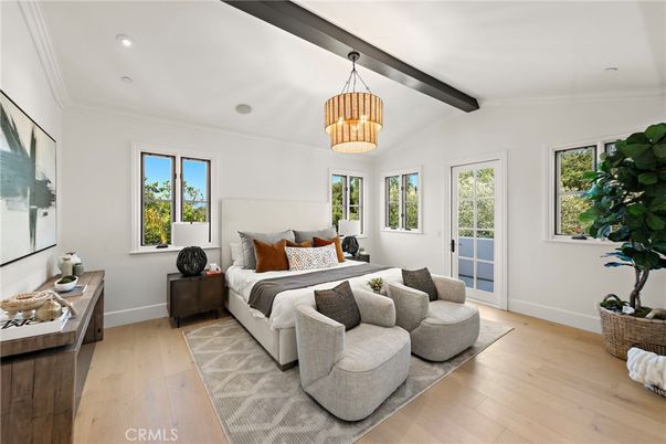 Bedroom, Interior, Pendant Lights, Recessed Lighting, Wooden Beams, Wood Texture Flooring