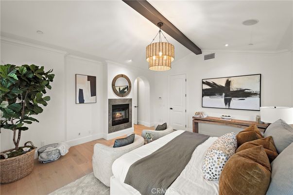 Bedroom, Fireplace, Interior, Pendant Lights, Recessed Lighting, Wooden Beams, Wood Texture Flooring