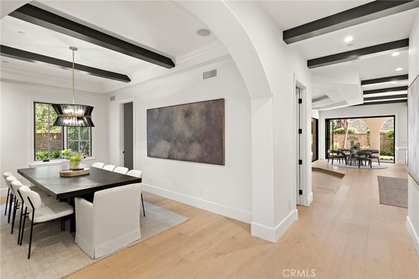 Dining room, Interior, Pendant Lights, Recessed Lighting, Wooden Beams, Wood Texture Flooring