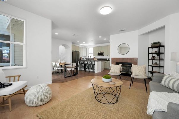 Dining room, Interior, Living room, Recessed Lighting, Wood Texture Flooring