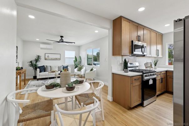 Interior, Kitchen, Living room, Recessed Lighting, Stainless Steel Appliances, Wood Texture Flooring