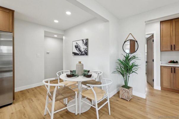 Dining room, Interior, Recessed Lighting, Wood Texture Flooring