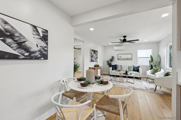 Dining room, Interior, Living room, Recessed Lighting, Wood Texture Flooring