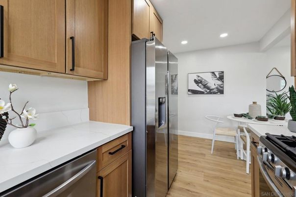 Interior, Kitchen, Recessed Lighting, Stainless Steel Appliances, Wood Texture Flooring