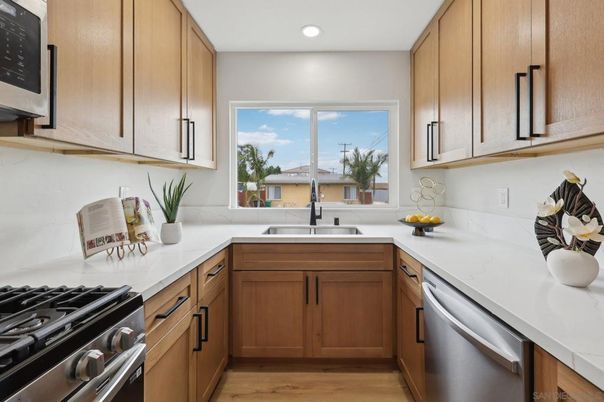 Interior, Kitchen, Recessed Lighting, Stainless Steel Appliances, Wood Texture Flooring
