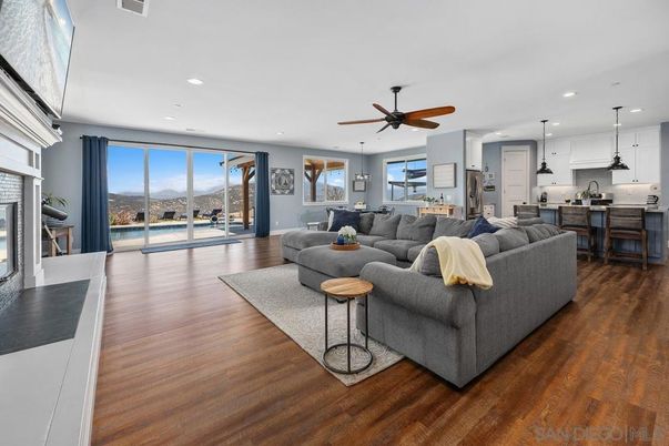 Fireplace, Interior, Kitchen, Living room, Pendant Lights, Recessed Lighting, Wood Texture Flooring