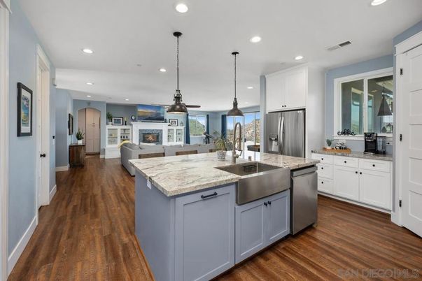 Fireplace, Interior, Kitchen, Pendant Lights, Recessed Lighting, Stainless Steel Appliances, Wood Texture Flooring