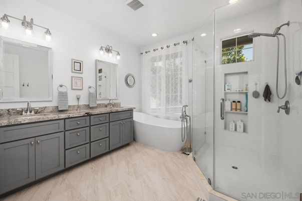 Bathroom, Dual Sink Vanities, Free Standing Baths, Glass Shower, Interior, Marble, Recessed Lighting