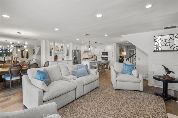 Dining room, Interior, Kitchen, Living room, Pendant Lights, Recessed Lighting, Stainless Steel Appliances, Wood Texture Flooring