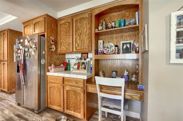 Interior, Kitchen, Tile Countertops, Wood Texture Flooring