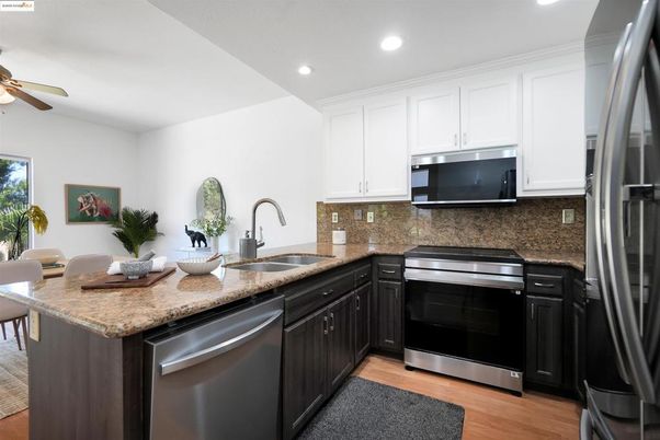 Interior, Kitchen, Recessed Lighting, Stainless Steel Appliances, Wood Texture Flooring