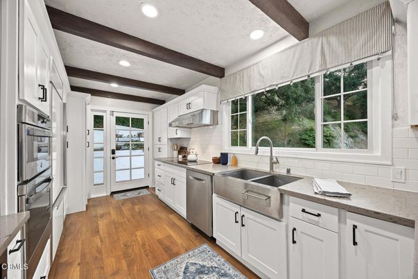 Interior, Kitchen, Recessed Lighting, Stainless Steel Appliances, Wooden Beams, Wood Texture Flooring