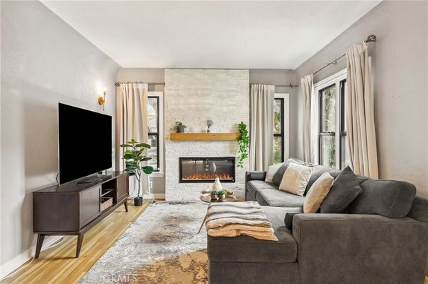 Fireplace, Interior, Living room, Stone Walls, Wood Texture Flooring
