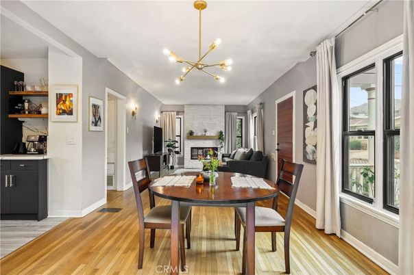 Dining room, Fireplace, Interior, Pendant Lights, Wood Texture Flooring
