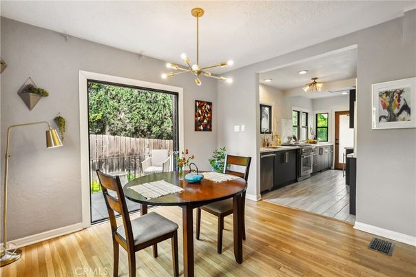 Dining room, Interior, Kitchen, Pendant Lights, Recessed Lighting, Wood Texture Flooring