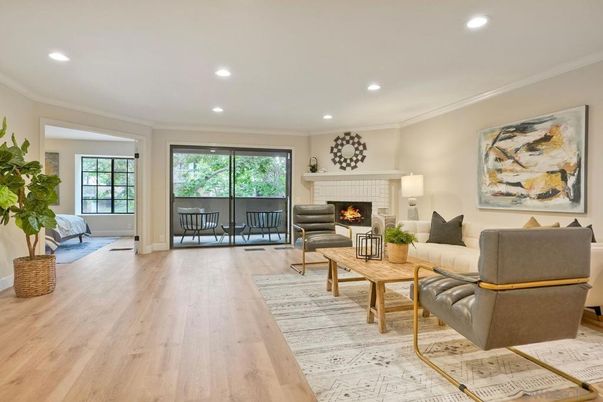 Fireplace, Interior, Living room, Recessed Lighting, Wood Texture Flooring