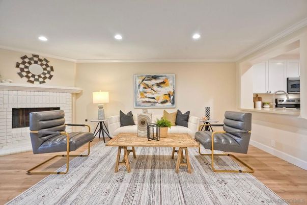 Fireplace, Interior, Kitchen, Living room, Recessed Lighting, Wood Texture Flooring