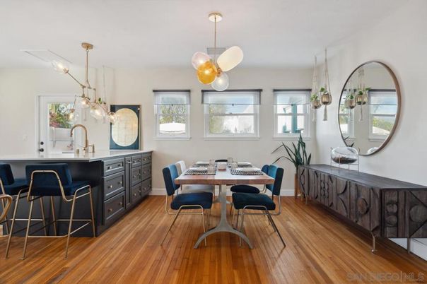 Dining room, Interior, Pendant Lights, Wood Texture Flooring