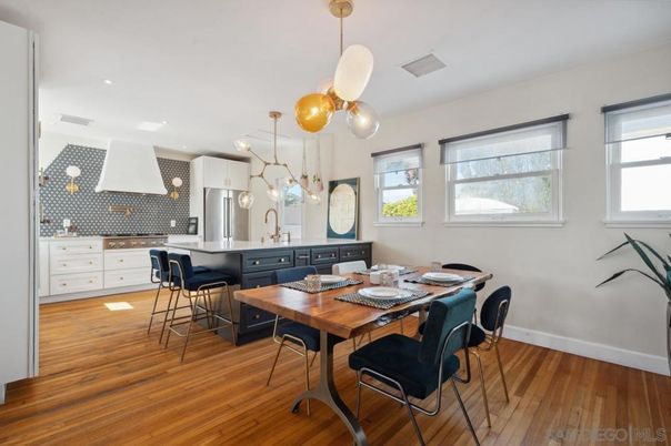 Dining room, Interior, Kitchen, Pendant Lights, Recessed Lighting, Stainless Steel Appliances, Wood Texture Flooring