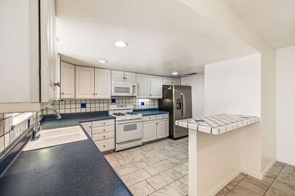 Interior, Kitchen, Marble, Recessed Lighting, Tile Countertops