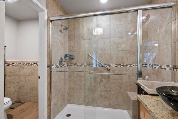 Bathroom, Glass Shower, Interior, Recessed Lighting, Wood Texture Flooring