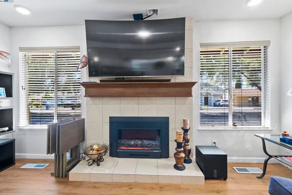 Fireplace, Interior, Recessed Lighting, Wood Texture Flooring